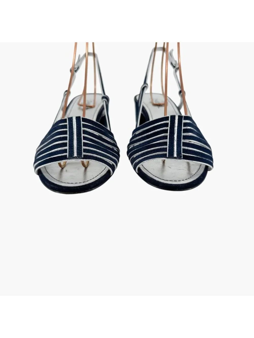 Chanel CC Strappy Slingback Sandals Block Heel Navy Blue Silver Size 37 US 6-6.5